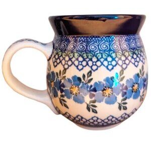 Polish Pottery 12 oz Bubble Mug Blue Floral Morning Glory, Hand Made in Poland